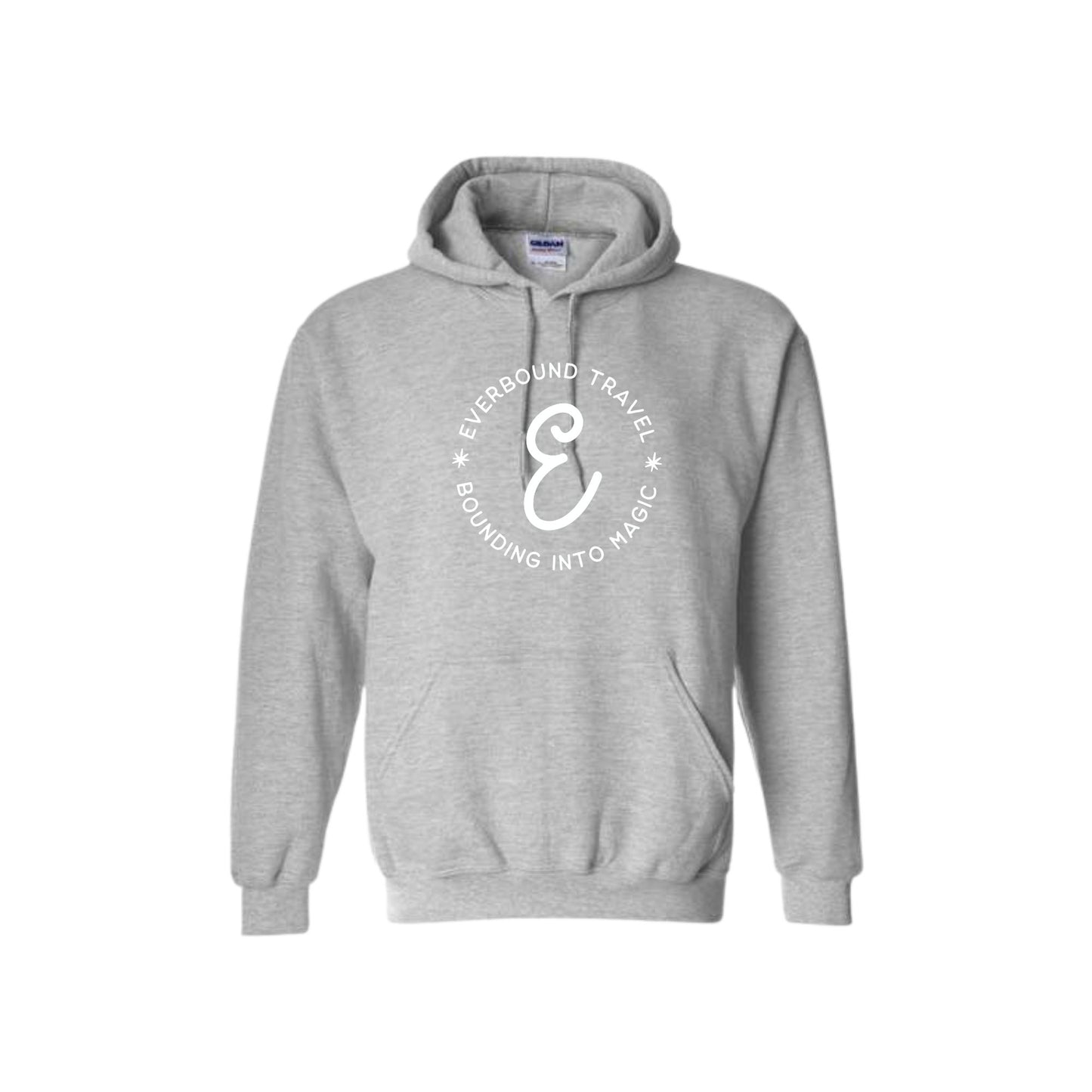 Gray hoodie with a white logo and text on a white background