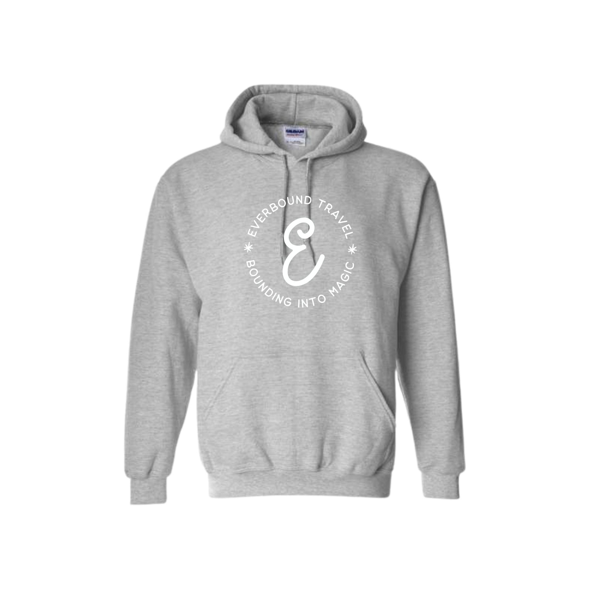 Gray hoodie with a white logo and text on a white background