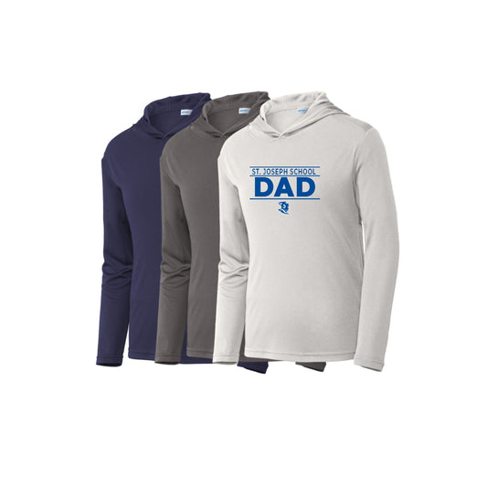 Three hoodies in different colors with 'St Joseph School Dad' text on a white background