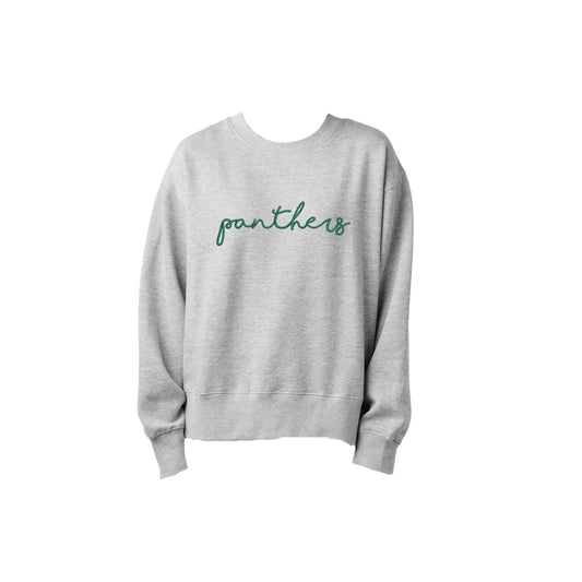 ladies boxy crewneck with embroidered panthers design in script font on the front center chest with hunter green thread