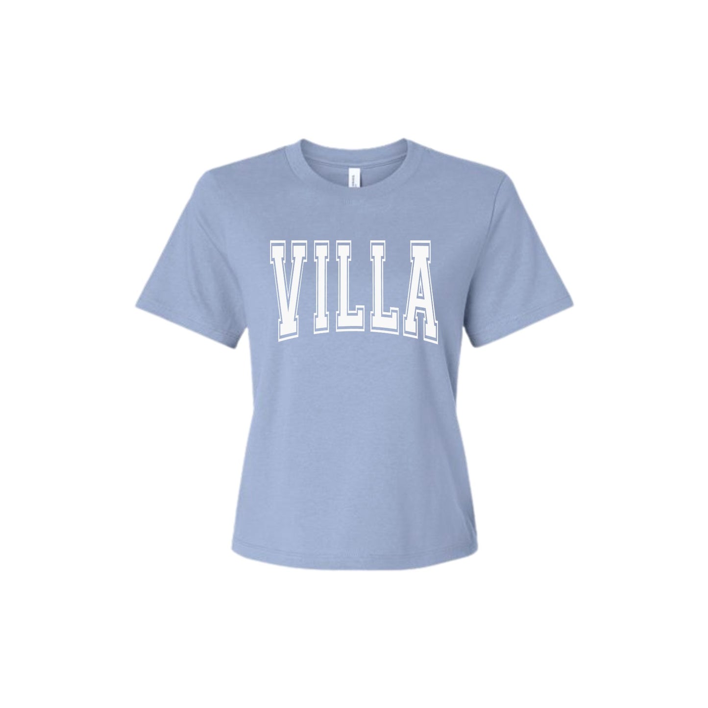 Light blue t-shirt with 'VILLA' printed on it against a white background
