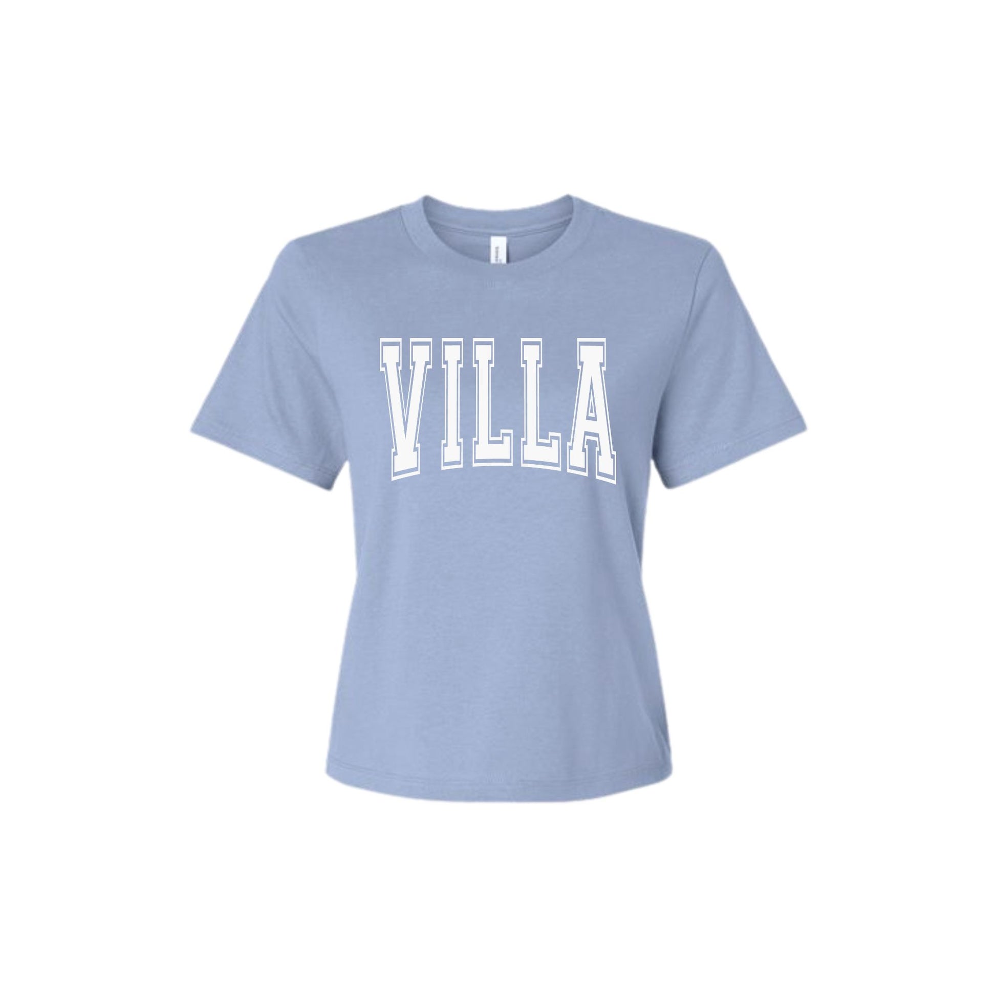 Light blue t-shirt with 'VILLA' printed on it against a white background