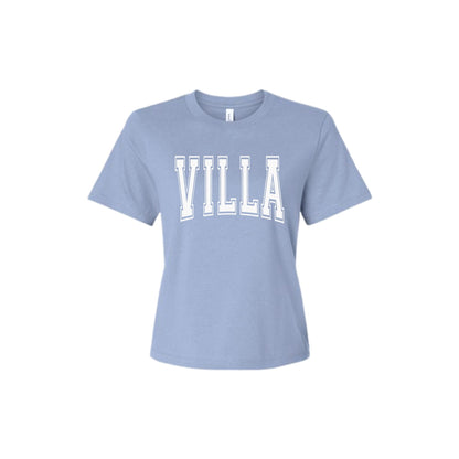 Light blue t-shirt with 'VILLA' printed on it against a white background