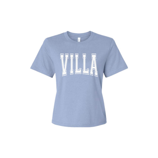 Light blue t-shirt with 'VILLA' printed on it against a white background