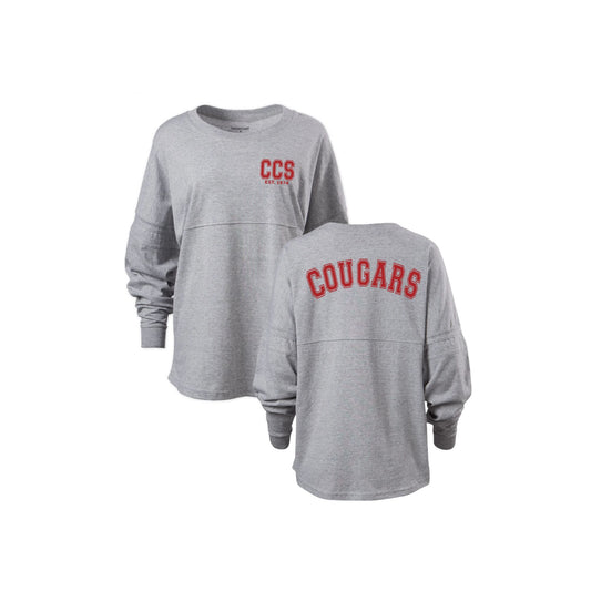 oxford heather women's pom pom jersey with a ccs est 1974 print on the front left chest and cougars along the back shoulders