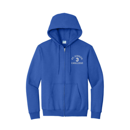 royal blue full zip jacket with custom st. joseph cavaliers logo embroidered design in white thread on the left chest