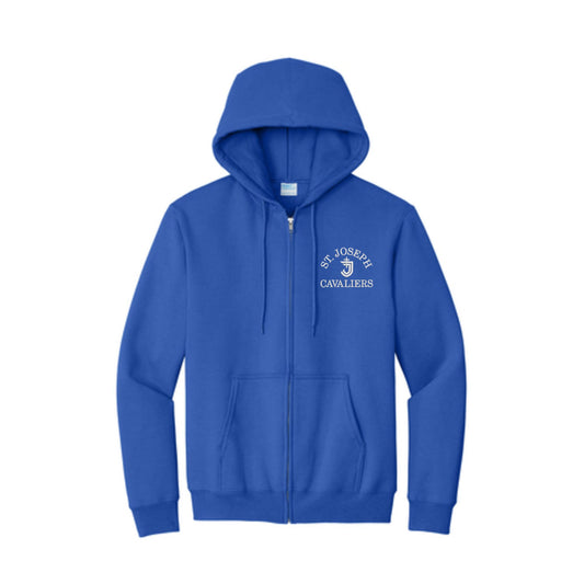 royal blue full zip jacket with custom st. joseph cavaliers logo embroidered design in white thread on the left chest