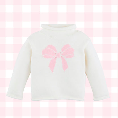 pink bow rollneck white sweater