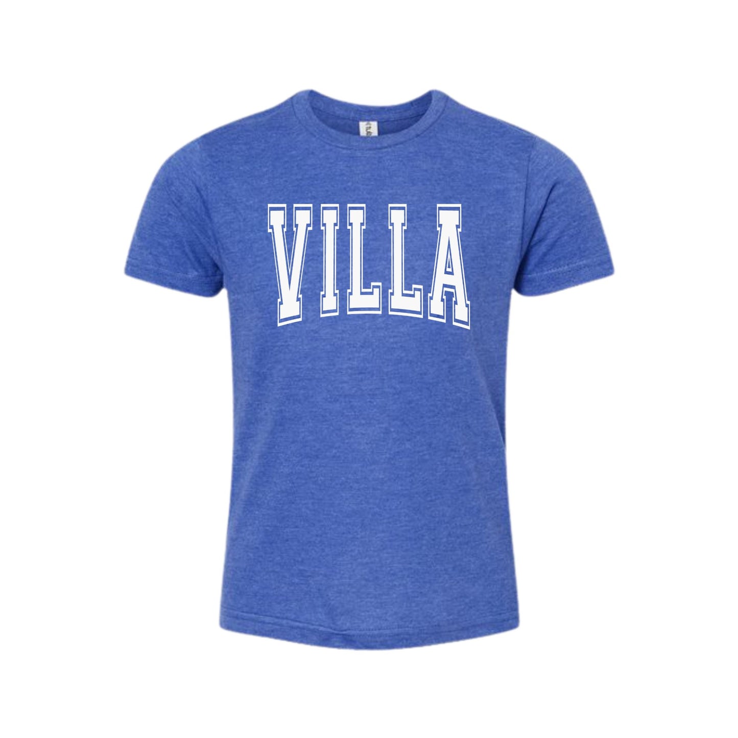 Blue t-shirt with 'VILLA' printed on it against a white background