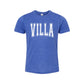 Blue t-shirt with 'VILLA' printed on it against a white background