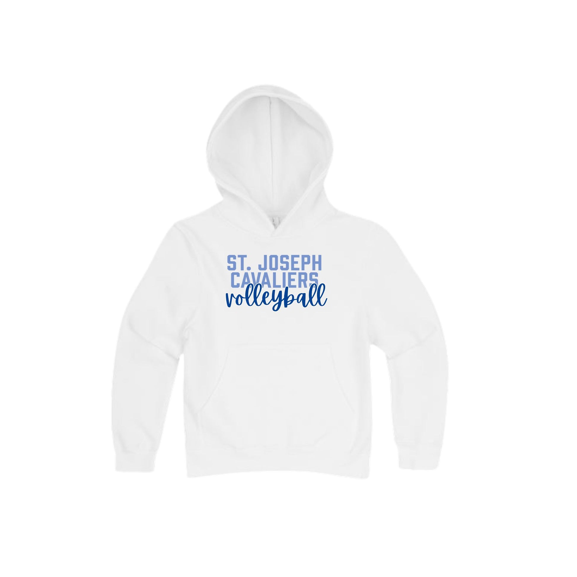 White hoodie with 'St. Joseph Cavaliers volleyball' printed design on the center chest
