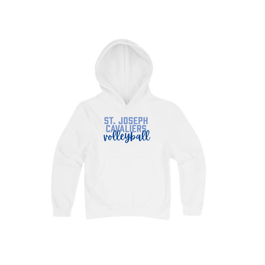 White hoodie with 'St. Joseph Cavaliers volleyball' printed design on the center chest
