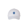 white cap with a blue embroidered vmm barn logo 
