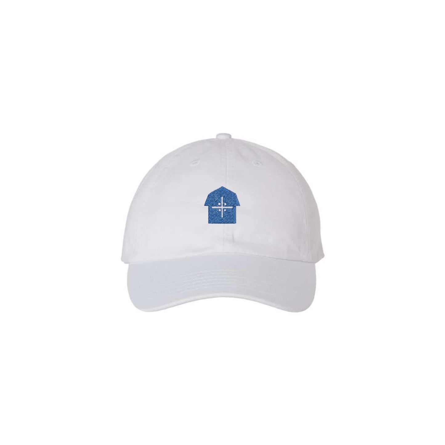 white cap with a blue embroidered vmm barn logo 
