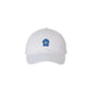 white cap with a blue embroidered vmm barn logo 