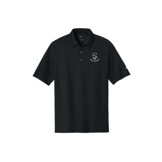 black nike polo with ccs cougars logo embroidered in white thread on the left chest