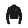 black cropped quarter zip with custom printed sacred heart schools heart logo on the left chest in white and red ink