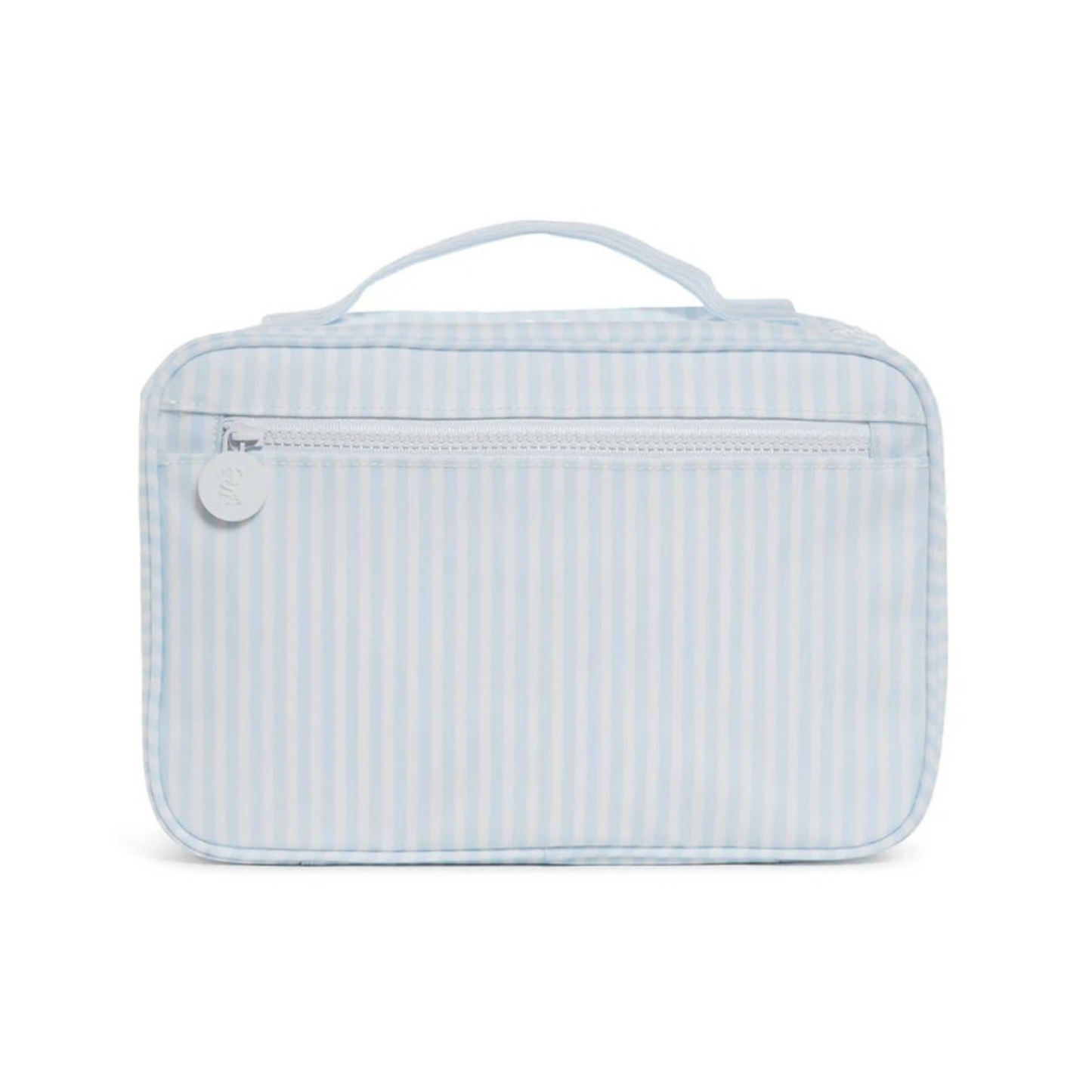 Light blue striped toiletry bag on a white background