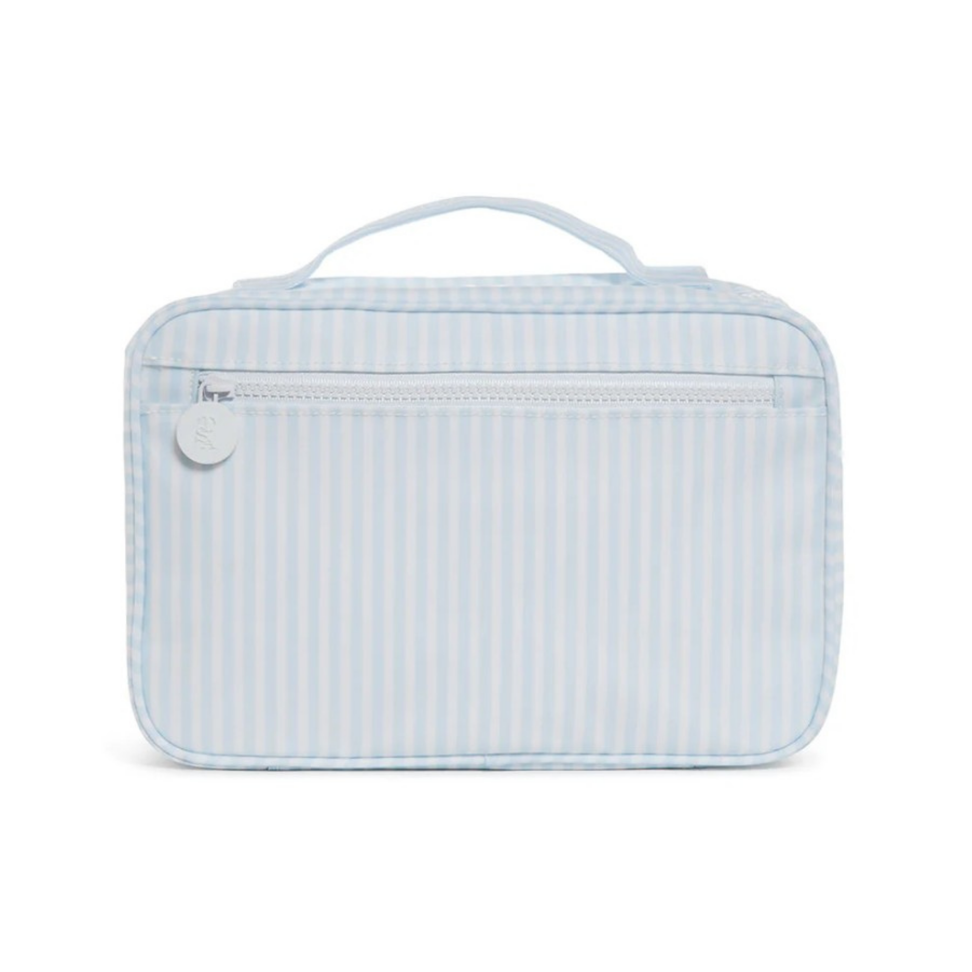 Light blue striped toiletry bag on a white background