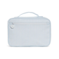 Light blue striped toiletry bag on a white background
