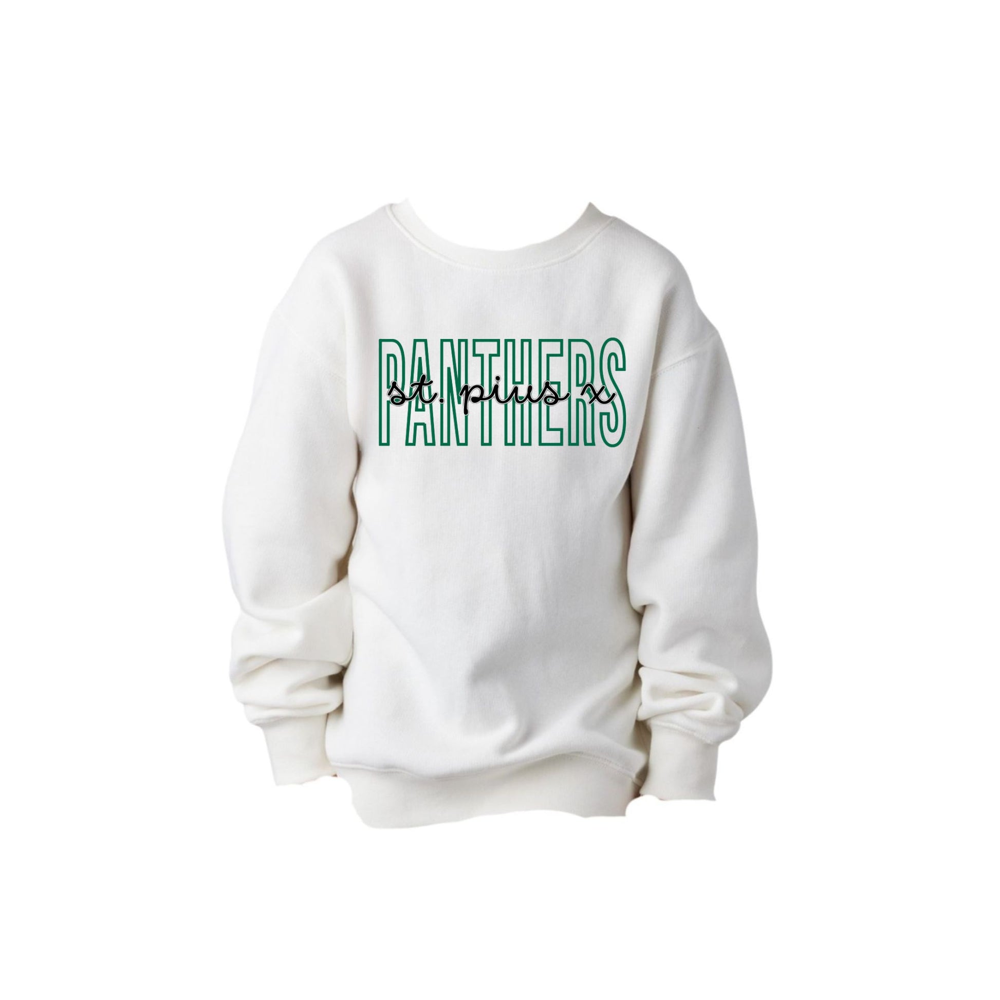 White sweatshirt with 'Panthers' text in green on a white background
