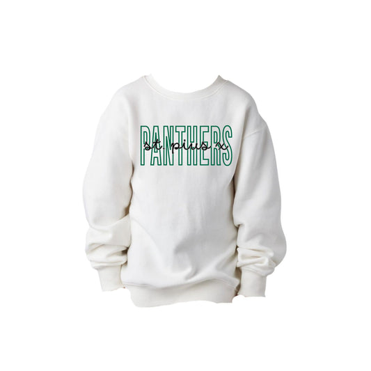 White sweatshirt with 'Panthers' text in green on a white background