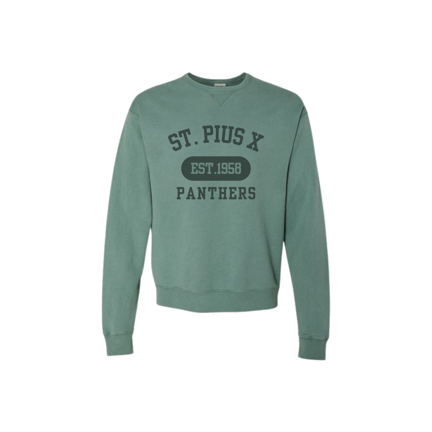 Green sweatshirt with 'St. Pius X Panthers' text on a white background