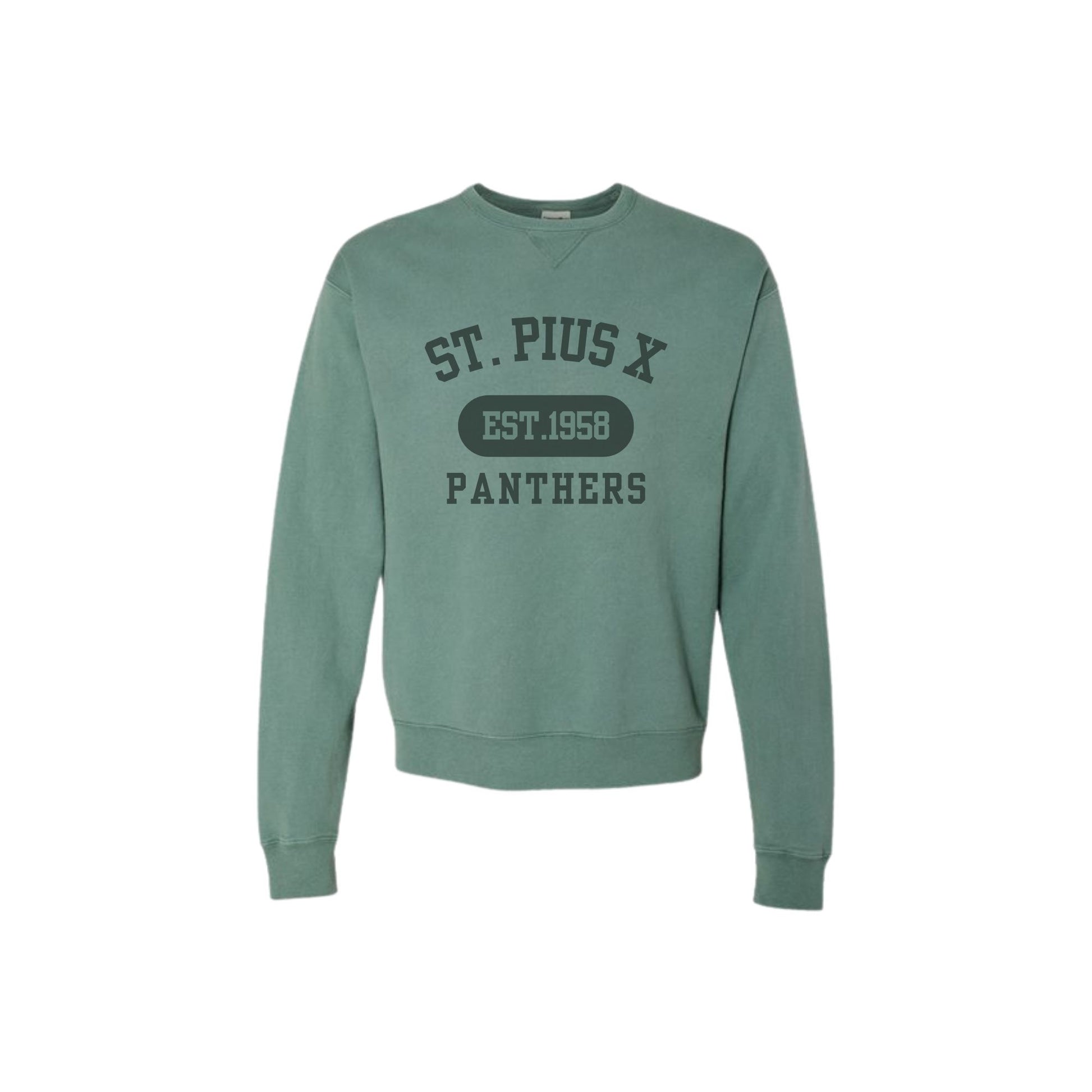 Green sweatshirt with 'St. Pius X Panthers' text on a white background