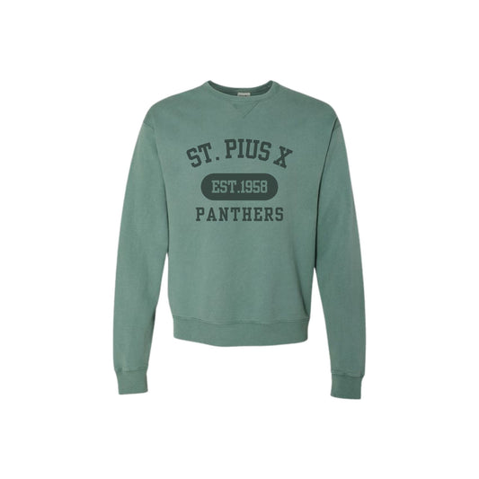 Green sweatshirt with 'St. Pius X Panthers' text on a white background