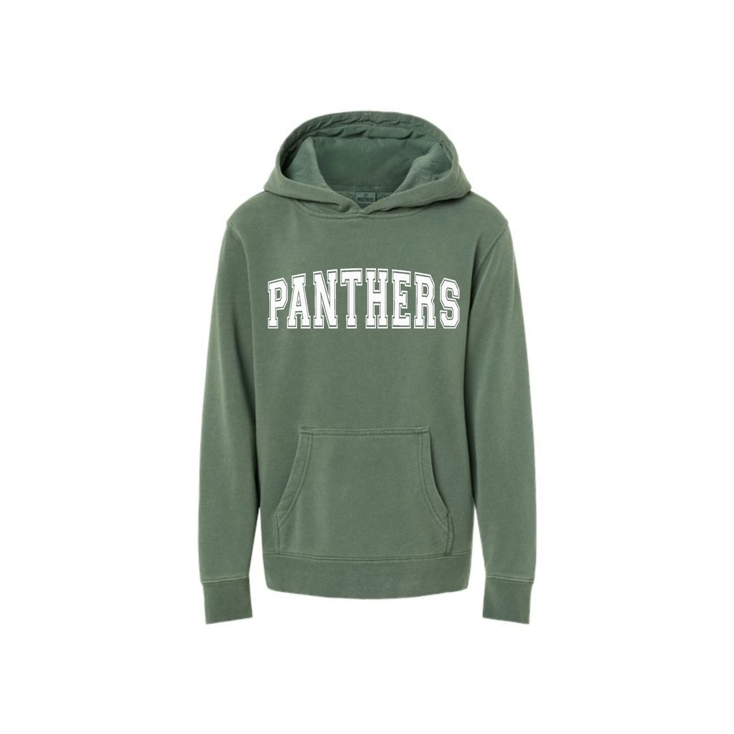 Green hoodie with 'PANTHERS' text on a white background