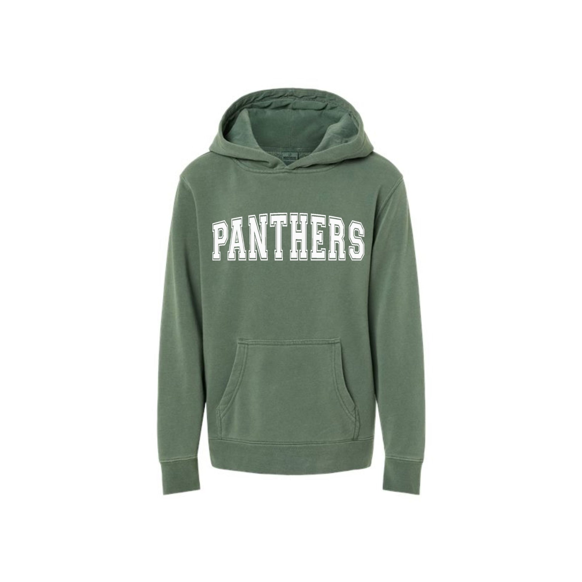 Green hoodie with 'PANTHERS' text on a white background