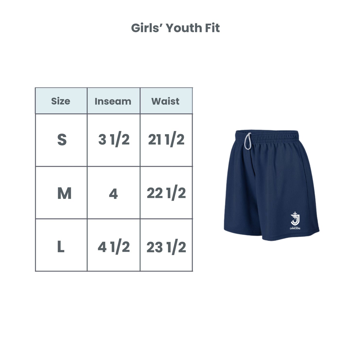 Navy blue shorts with a logo on a white background, accompanied by a size chart for girls' youth fit.