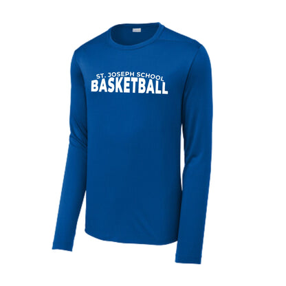 royal blue long sleeve performance shirt with a custom ST. JOSEPH SCHOOL white print 