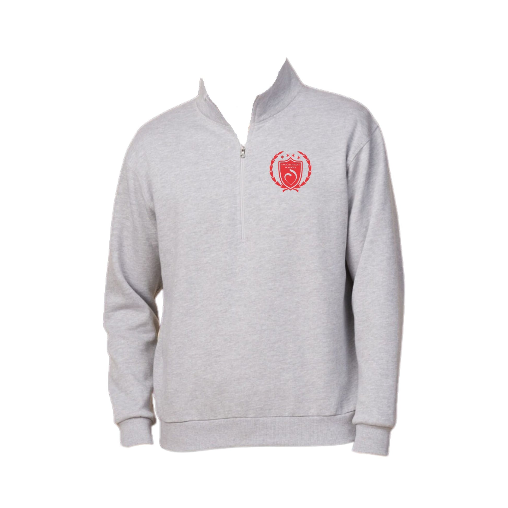 athletic heather adult relaxed quarter zip with custom sacred heart schools crest print in red ink on the left chest