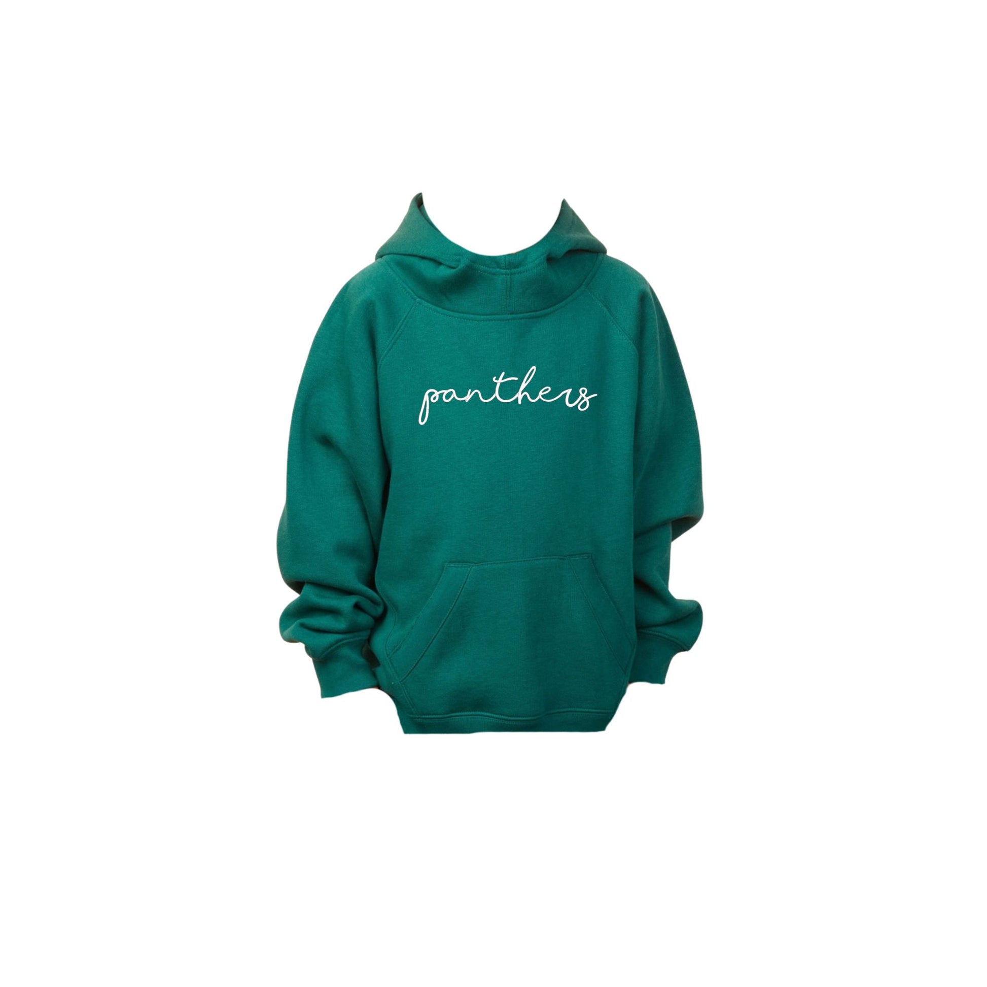 Green hoodie with embroidered 'panthers' text in a script font and white thread on the center chest