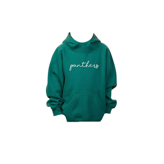 Green hoodie with embroidered 'panthers' text in a script font and white thread on the center chest