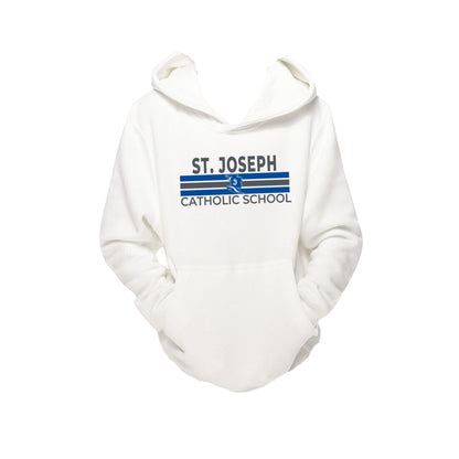 white hooded sweatshirt with custom st. joseph catholic school printed design