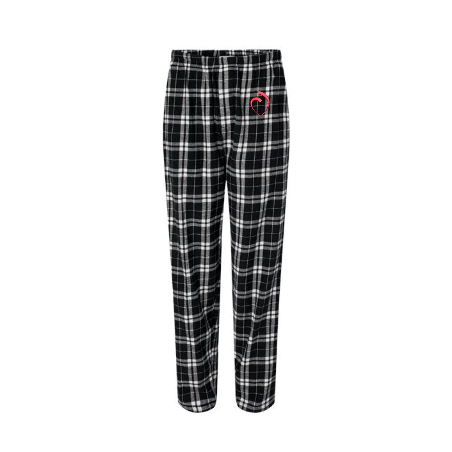 black and white plaid pajama pants with the sacred heart schools logo embroidered in red on the left leg pant pocket area