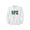 White sweatshirt with 'SPX' printed in green on a white background