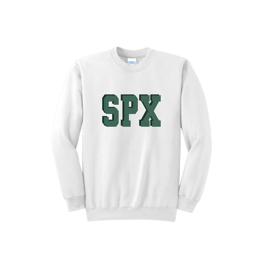 White sweatshirt with 'SPX' printed in green on a white background