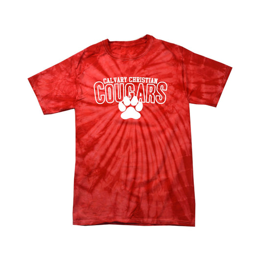 red tie dye t-shirt with custom calvary christian paw print design in white on the center chest