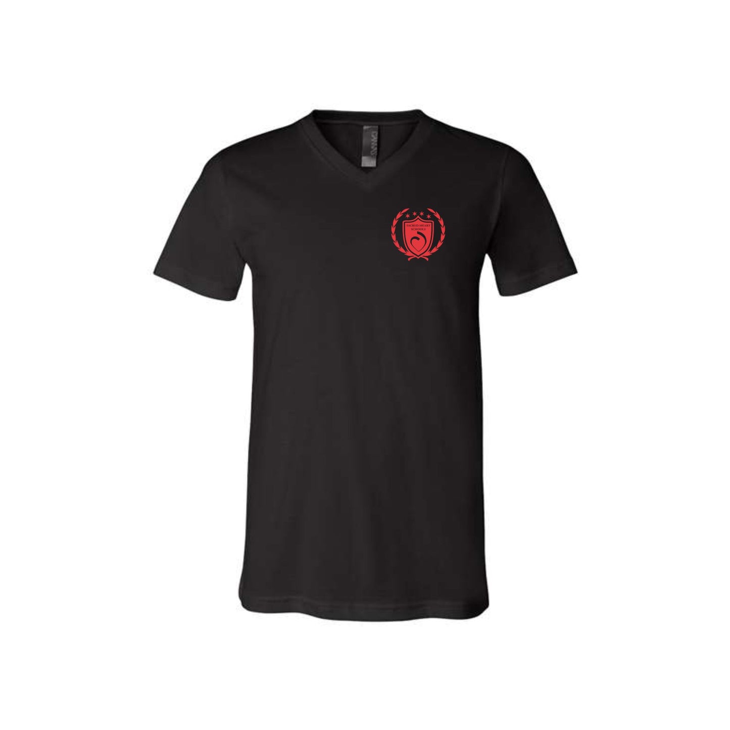 black bella and canvas t-shirt with custom ccs crest print in red ink on the left chest