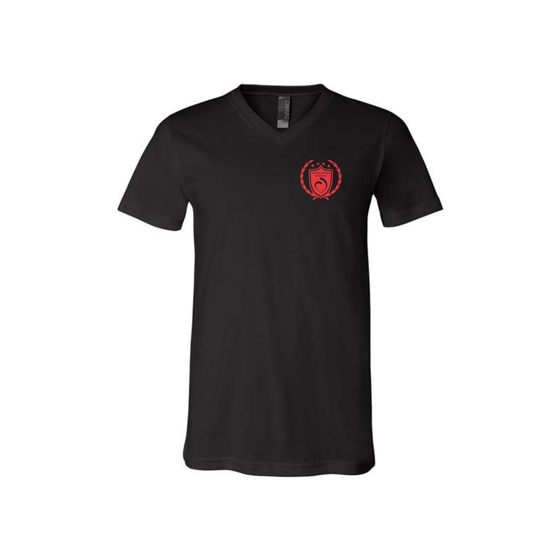 black bella and canvas t-shirt with custom ccs crest print in red ink on the left chest