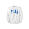 White sweatshirt with 'VILLA' printed in blue on a white background
