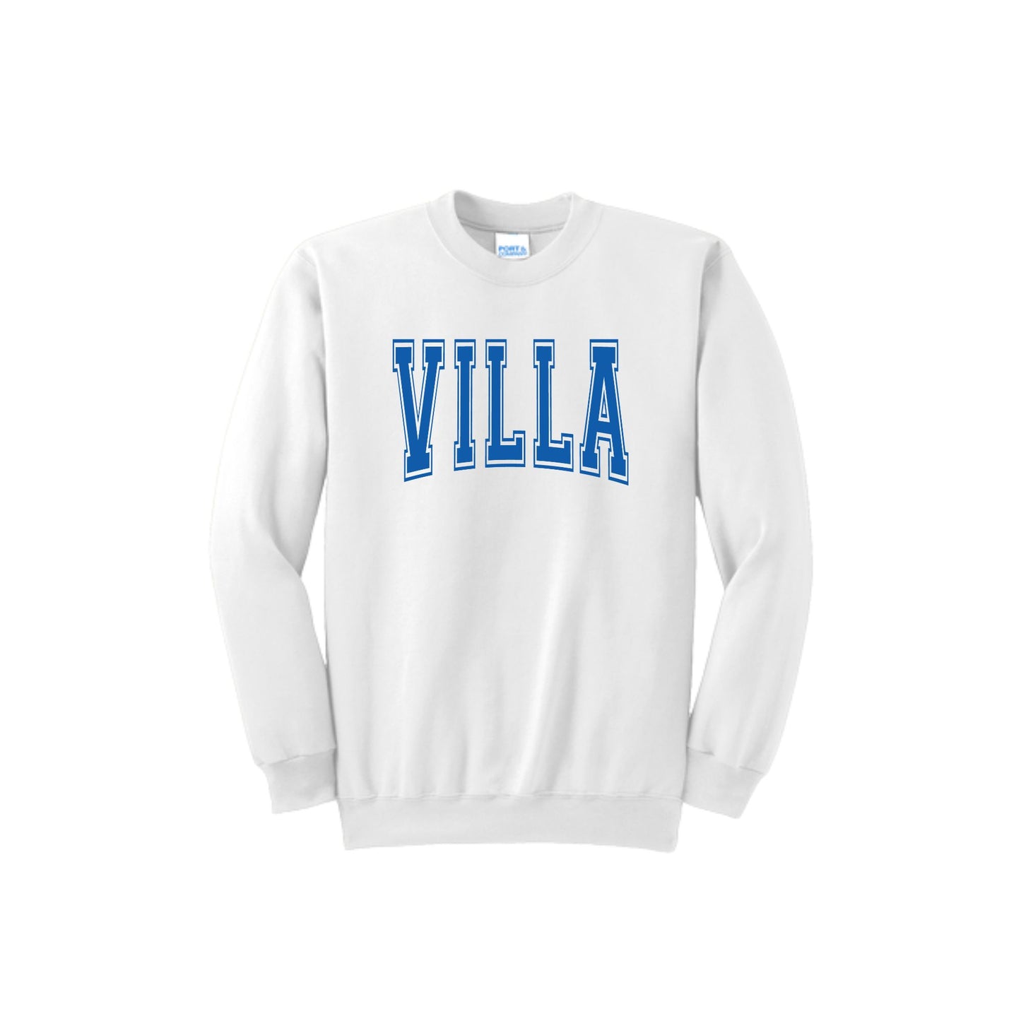 White sweatshirt with 'VILLA' printed in blue on a white background