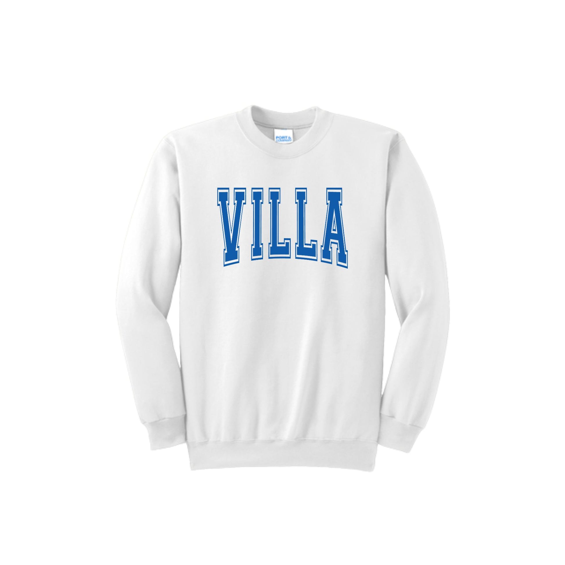 White sweatshirt with 'VILLA' printed in blue on a white background