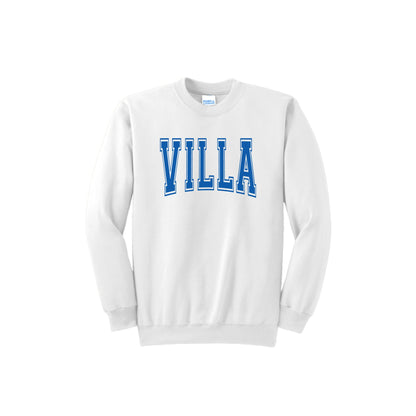 White sweatshirt with 'VILLA' printed in blue on a white background