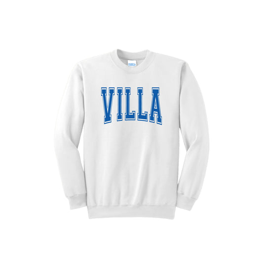 White sweatshirt with 'VILLA' printed in blue on a white background