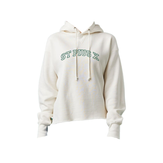 White hoodie with 'St Pius X' text on a white background