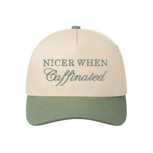 sage two-tone trucker hat with a custom nicer when caffeinated embroidered design in eucalyptus thread